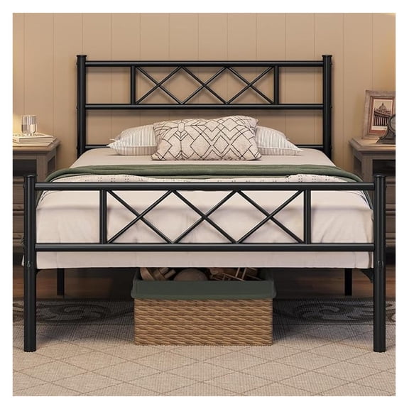 NALYL Black Metal Bed Frame with Headboard Mattress Foundation/Platform Bed/Slatted Bed Base, Twin Size