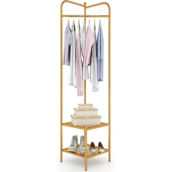 NALYL Corner Coat Rack with Storage, Simple Hall Tree with Hanging Rod & 2 Mesh Shelves, Anti-toppling Devices, Freestanding Metal Clothes Rack Shoes Shelf Organizer for Entryway Bedroom (Golden)