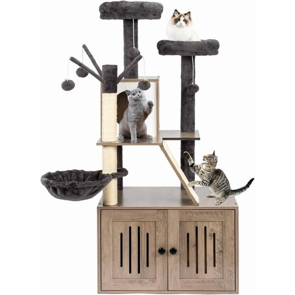 NALYL Large Cat Tree with Litter Box, All-in-1 Wooden Cat Tower, 53” Height Houses for Indoor Caats, Kittens Condo wih Scratching Posts, Hidden Cat Washroom Furniture