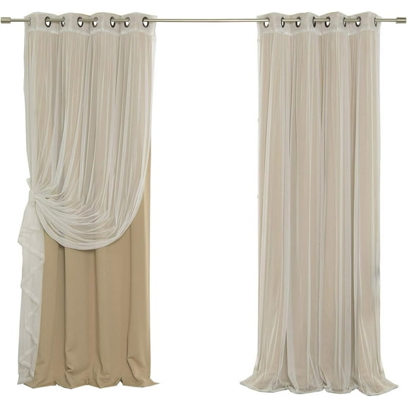 NALYL Mix & Match Tulle Sheer Lace & Blackout Curtain Set - Antique Bronze Grommet Top - Wheat - 52"W X 84"L - (2 Curtains and 2 Sheer curtains)