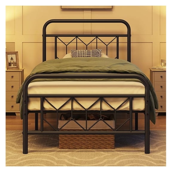 NALYL Twin Bed Frames Metal Platform Bed with Vintage Style Headboard/Mattress Foundation/No Box Spring Needed/Under Bed Storage/Strong Slat Support Black Twin Bed