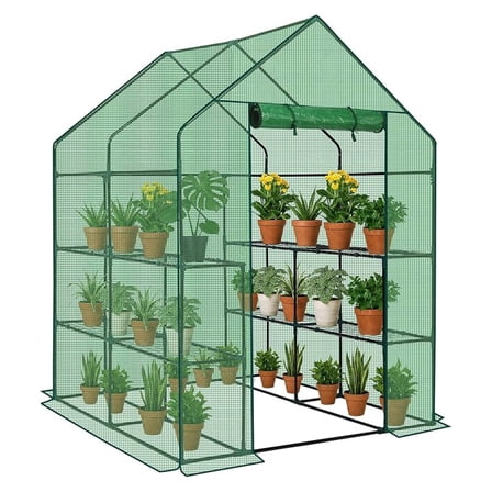 NALYL Walk-in Greenhouse, Outdoor Durable PE Plant Green House for Frost Protection with 3 Tiers 8 Shelves, Shelf Clips, Roll-up Zipper Door, 56"x56"x77" Green