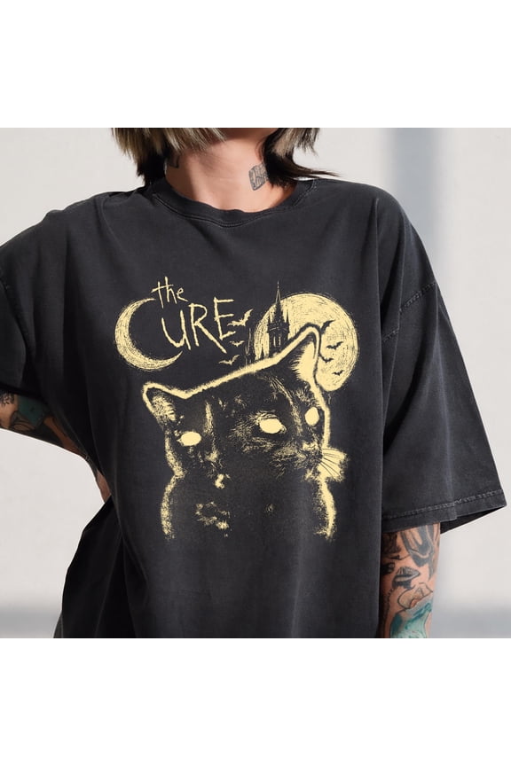 The Cure Cat Shirt, Vintage 90s Alt Indie Rock Tee, Gothic Black Cat Graphic, Music Fan Gift, Cat Lover Band Style T-Shirt, Unisex Top, Denim M