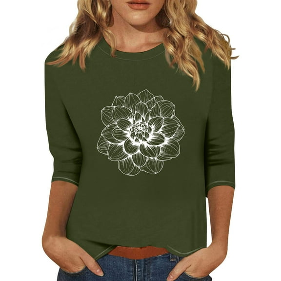 NAMTYQX 3/4 Sleeve Tops for Women Crewneck Stretchy Loose Fit Light Trendy Womens Tshirts Womens Summer Tops Army Green Size XL