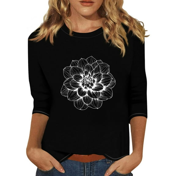 NAMTYQX 3/4 Sleeve Tops for Women Stretch Loose Fit Light Three Quarter Sleeve Plus Size Tops for Women Black Size XL