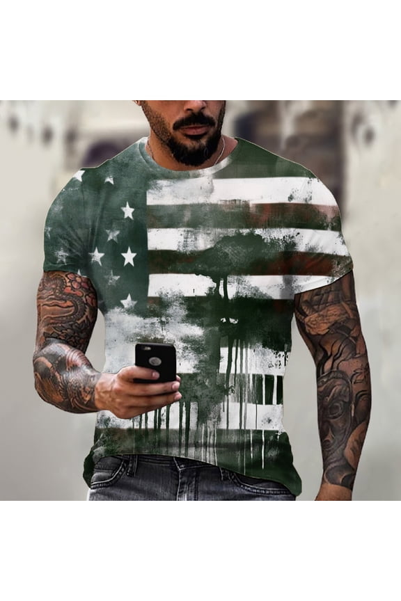 4th of July Mens Shirts Scoop Neck USA Star Stripes Graphic Stretch Dark Green Size XL