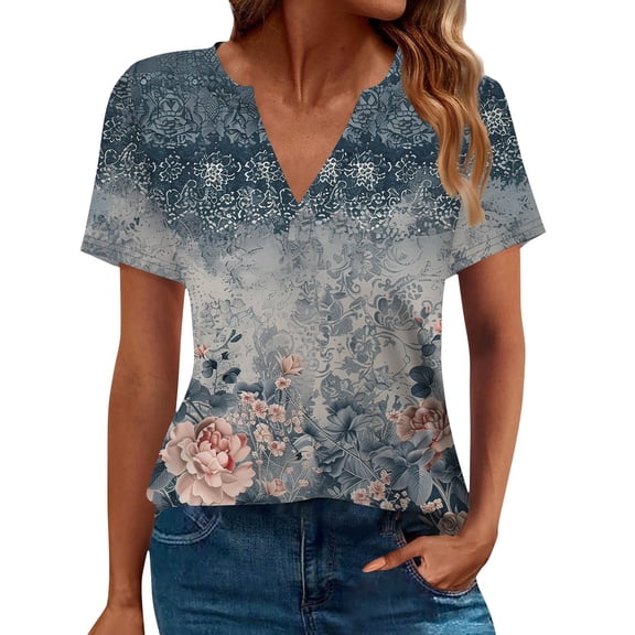 NAMTYQX Athletic Tops for Women Casual Fashion Short Sleeve Plus Size Soft Comfort Relaxed Fit V Neck Navy Size 2XL