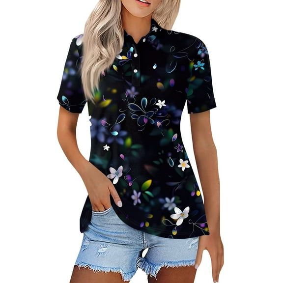 NAMTYQX Athletic Tops for Women Lapel Button V Neck Short Sleeve Plus Size Comfort Fashion Casual Baggy Soft Black Size M