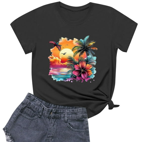 NAMTYQX Basic Tees for Women Muster Plus Size Loose Fit Hawaiian Crewneck Short Sleeve Soft Graphic Light Short Sleeve Blouses for Women Black Size XL