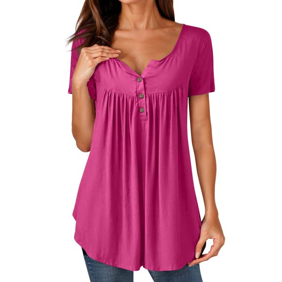 NAMTYQX Basic Tees for Women Baggy Casual Patterned Plus Size Button V Neck Fashion Short Sleeve Ruched Hot Pink Size XL