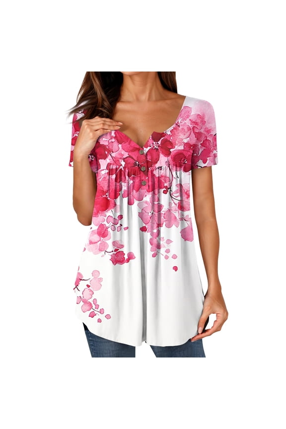 Basic Tees for Women Casual Button V Neck Plus Size Trending Patterns Pleated Loose Fitting Short Sleeve Red Size XL