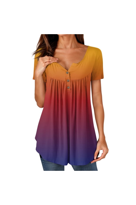 Basic Tees for Women Casual Stylish Patterned Button V Neck Plus Size Short Sleeve Loose Fit Frill Saffron Size 4XL