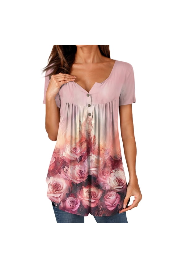 Basic Tees for Women Patterns Button V Neck Casual Plus Size Loose Fit Fashion Short Sleeve Frill Watermelon Red Size M