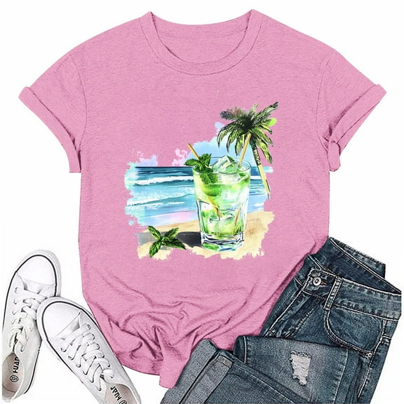 NAMTYQX Basic Tees for Women Plus Size Loose Cute Lightweight Cool Patterns Short Sleeve Bedruckt O-Neck Shirts for Women Trendy Summer Pink Size L