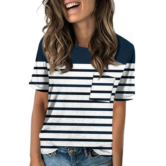 NAMTYQX Basic Tees for Women Scoop Neck Classic Stretchy Baggy Short Sleeve Graphic Tees for Women Trendy Navy Size M