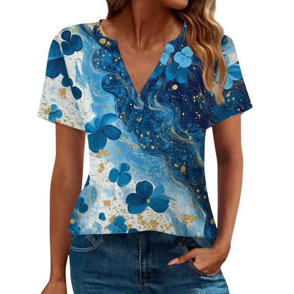 NAMTYQX Basic Tees for Women Short Sleeve Soft Comfort V Neck Baggy Casual Plus Size Fashion Blue Size M