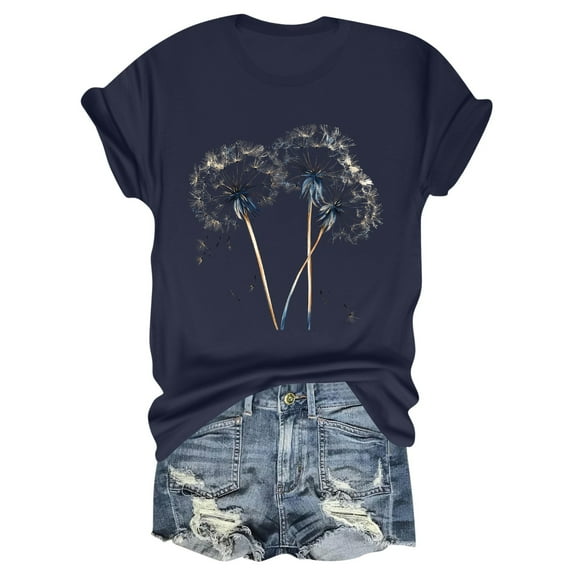 NAMTYQX Basic Tees for Women Slack Fashion Print Print Short Sleeve Oversized Crew Neck Stretch Breathable Cute Tops for Women Navy Size 2XL