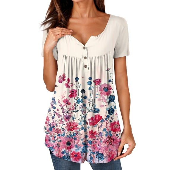 NAMTYQX Blouses & Button-Down Shirts Casual Button V Neck Smocked Loose Fit Stylish Patterned Short Sleeve Plus Size Hot Pink Size 2XL
