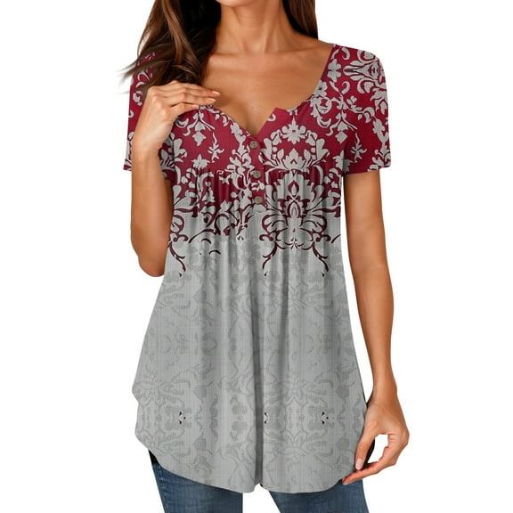 NAMTYQX Blouses & Button-Down Shirts Casual Plus Size Graphic Peplum Baggy Short Sleeve Trendy Button Deep V Neck Wine Size XL