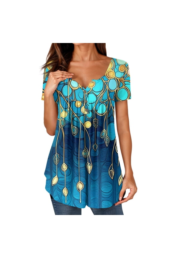 Blouses & Button-Down Shirts Fashion Casual Pattern Plus Size Short Sleeve Loose Fit Button V Neck Ruched Blue Size 3XL