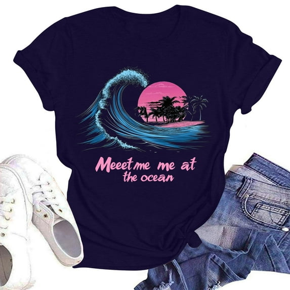 NAMTYQX Blouses for Women Casual Cool Short Sleeve Casual Loose Fit Muster Plus Size Round Neck Print Lightweight Fall Shirts for Women 2025 Navy Size S