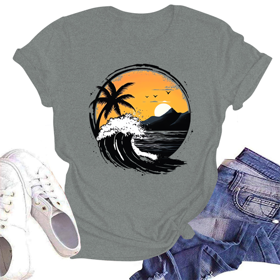 NAMTYQX Blouses for Women Casual Crewneck Gemusterte Patterned Casual Cool Light Loose Short Sleeve Plus Size Shirts for Teens Girls Light Gray Size S