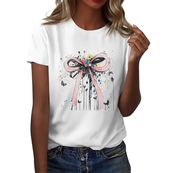 NAMTYQX Blouses for Women Short Sleeve Light Fashion Graphic Round Neck Loose Fitting Grafisches Plus Size Breathable Summer Tops for Women 2025 Light Pink Size S