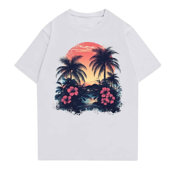 NAMTYQX Blouses for Women Baggy Soft Plus Size O-Neck Basic Hawaii Tropical Graphic Casual Short Sleeve White Size 3XL