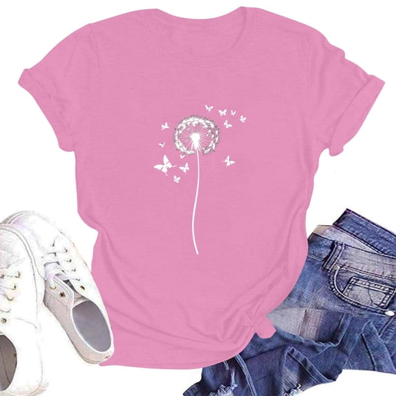 NAMTYQX Blouses for Women Casual Graphic Muster Short Sleeve Light Loose Fit Airoft Trendy Plus Size Crewneck Shirts for Women Pink Size M