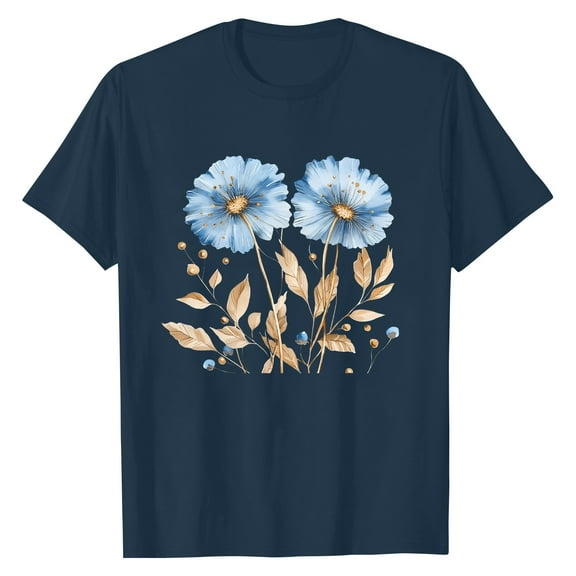 NAMTYQX Blouses for Women Casual Lounge Muster Stretch Soft Crew Neck Plus Size Short Sleeve Print Loose Cute Tops for Teen Girls Navy Size M