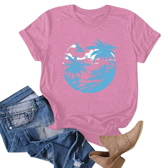 NAMTYQX Blouses for Women Crew Neck Loose Fitting Graphic Short Sleeve Cool Plus Size Light Casual Print T Shirts for Women Pink Size 3XL