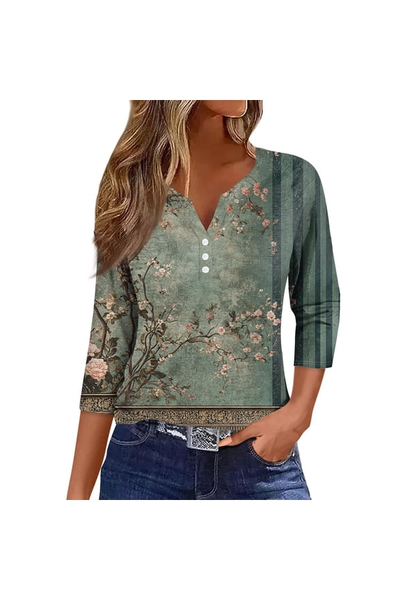 Blouses for Women Dressy Casual Boxy Fit Button V Neck Soft Casual Plus Size Comfort 3/4 Sleeve Trending Light Green Size 2XL