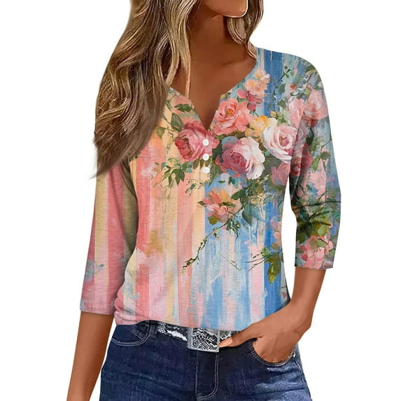 NAMTYQX Blouses for Women Dressy Casual Casual Loose Fitting Button V Neck Comfort Stylish Plus Size Three Quarter Sleeve Soft Pink Size 3XL