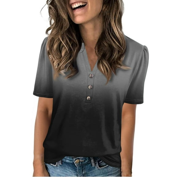 NAMTYQX Blouses for Women Dressy Casual Casual Soft Fashion Plus Size Button V Neck Short Sleeve Loose Fit Comfort Black Size XL