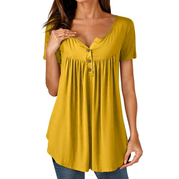 NAMTYQX Blouses for Women Dressy Casual Casual Trendy Loose Fit Pleated Short Sleeve Button V Neck Patterns Plus Size Yellow Size XL