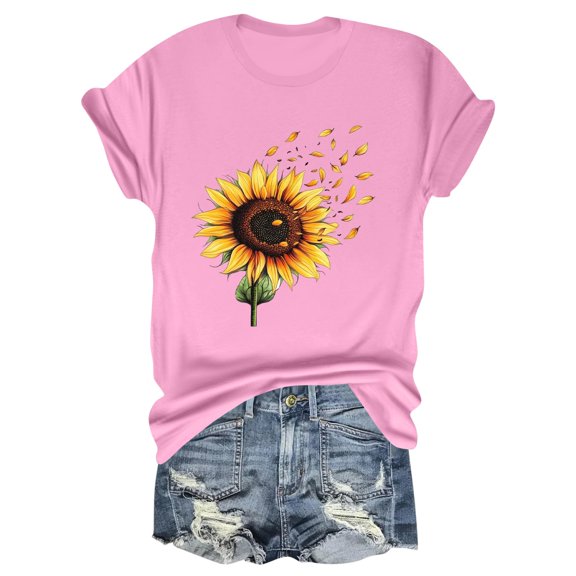 NAMTYQX Blouses for Women Dressy Casual Cool Casual Stretch Short Sleeve Round Neck Patterned Muster Boxy Fit Plus Size Women's T-Shirts Pink Size M