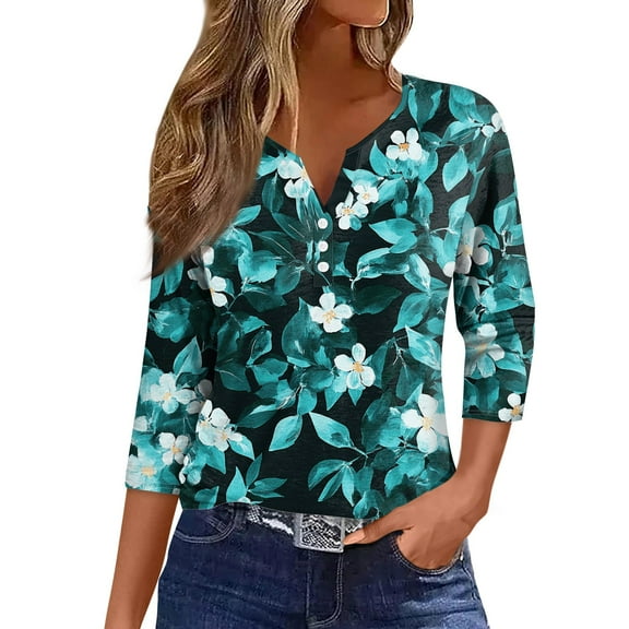 NAMTYQX Blouses for Women Dressy Casual Loose Fitting Casual Soft Comfort Button V Neck 3/4 Sleeve Plus Size Trendy Turquoise Size M