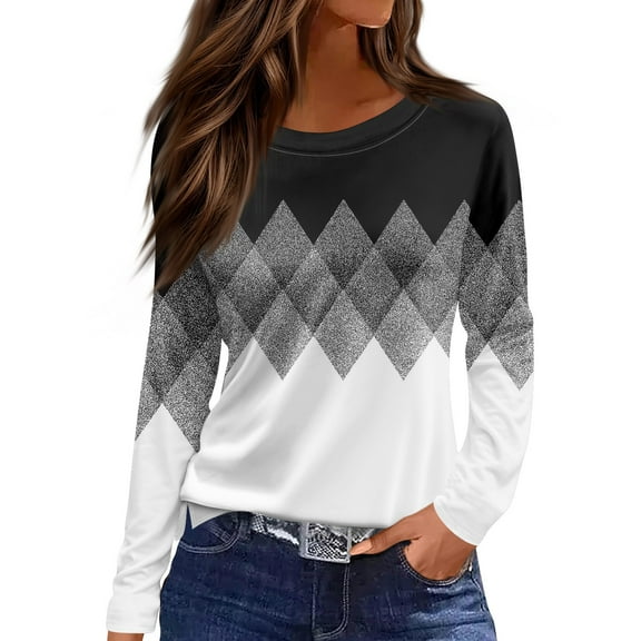 NAMTYQX Blouses for Women Dressy Casual Loose Fitting Lounge Floral Scoop Neck Long Sleeve Plus Size Dressy Tops for Women Size M Gray