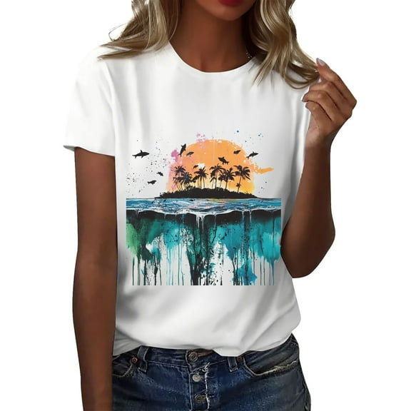 NAMTYQX Blouses for Women Dressy Casual Oversize Relaxed Fit Bedruckt Casual Crewneck Print Cool Stretchy Short Sleeve Women's T-Shirts Cyan Size L