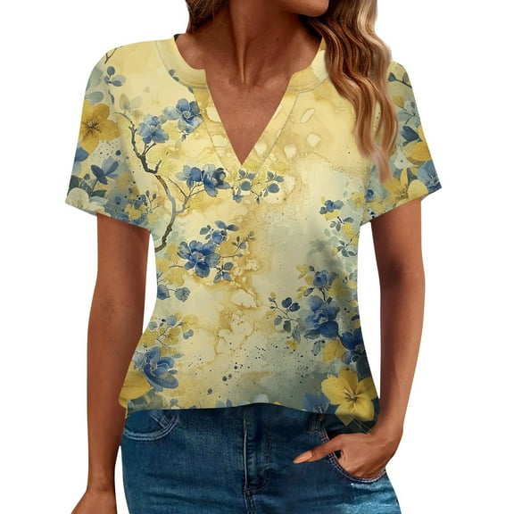 NAMTYQX Blouses for Women Dressy Casual Short Sleeve Fashion Comfort Casual Plus Size Baggy Soft V Neck Yellow Size 2XL
