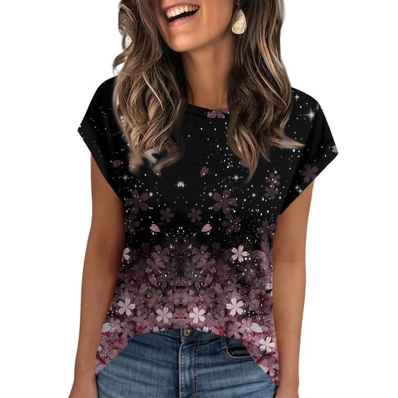 NAMTYQX Blouses for Women Dressy Casual Short Sleeve Relaxed Fit Stretchy Crewneck Womens Graphic Tees Purple Size S