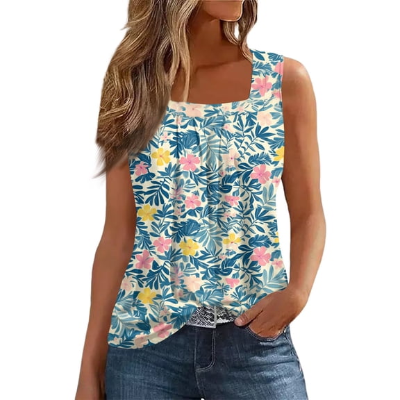 NAMTYQX Blouses for Women Dressy Casual Slim Fit Sleeveless Light Casual Wide Shoulder Straps Patterned Trendy Square Neck Turquoise Size S