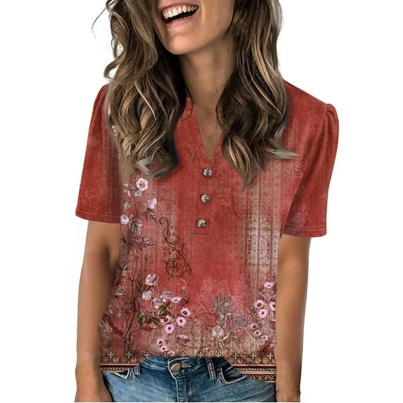 NAMTYQX Blouses for Women Dressy Casual True Classic Tees Patterned Tops for Women Trendy Summer Wine Size S