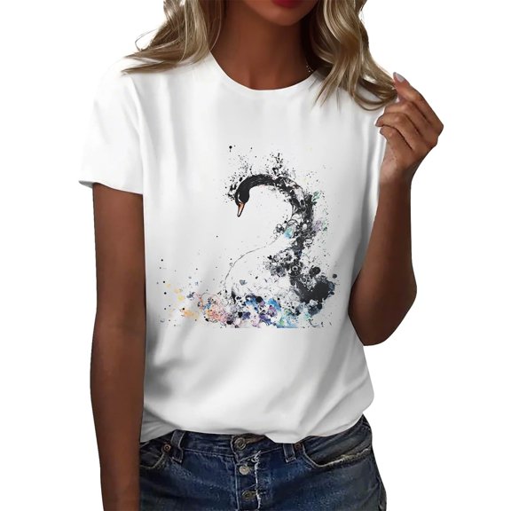 NAMTYQX Blouses for Women Fashion Looses Plus Size Print Short Sleeve Soft Round Neck Gemustert Lightweight Plus Size Blouses for Women White Size L