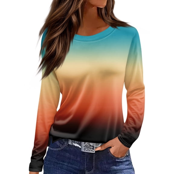 NAMTYQX Blouses for Women Long Sleeve Crew Neck Lounge Gradient Print Loose Fitting Plus Size Spring Tops for Women 2025 Size 2XL Ginger