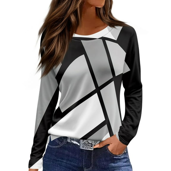 NAMTYQX Blouses for Women Long Sleeve Crew Neck Lounge Gradient Print Loose Fitting Plus Size Spring Tops for Women 2025 Size 3XL Gray