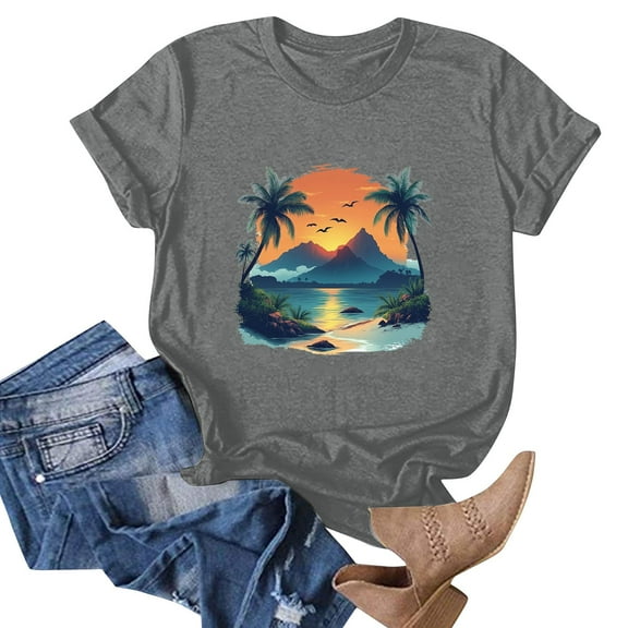 NAMTYQX Blouses for Women Relaxed Fit Patterned Grafisches Stretch Round Neck Soft Casual Oversize Short Sleeve Cute Tops for Women Dark Gray Size M