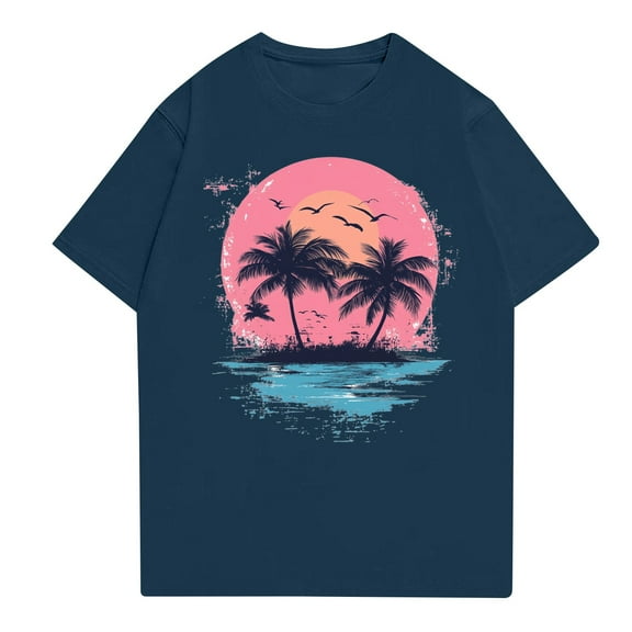 NAMTYQX Blouses for Women Short Sleeve Hawaii Tropical Graphic Scoop Neck Plus Size Cute Casual Stretchy Loose Navy Size S
