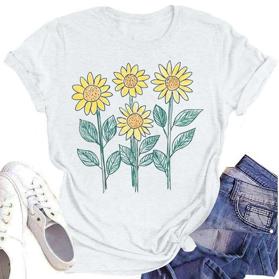 NAMTYQX Blouses for Women Short Sleeve Printed Lightweight Loose Fit Breathable Round Neck Plus Size Trending Print Tops for Women 2025 White Size S