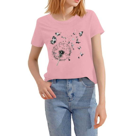 NAMTYQX Blouses for Women Stretchy Short Sleeve Graphic Scoop Neck Muster Oversized Cute Cool Loose Fit Short Sleeve Blouses for Women Pink Size L